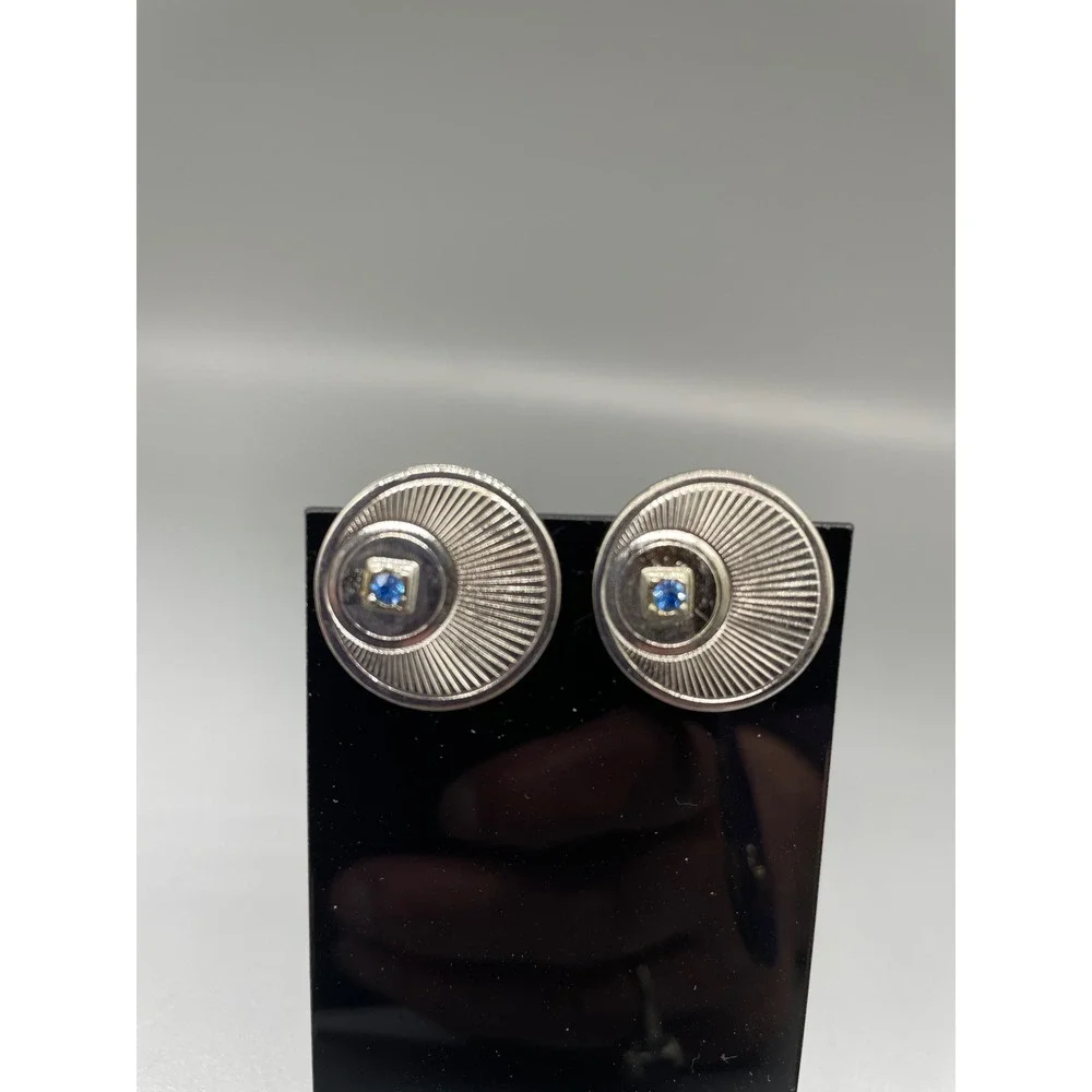 Vintage SilverTone Sunburst Blue Rhinestone Round Toggle Back Cufflinks Mens MCM